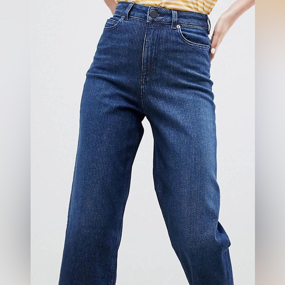 ASOS Design high waist raw hem cropped wide leg stretch jeans 🦋 blue striped - Picture 10 of 16